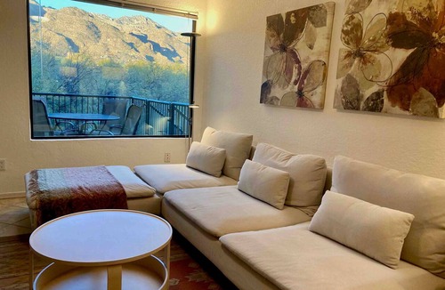 Tucson Condo | Condo opens to lush desert with unobstructed views of Catalina-Rincon mtns